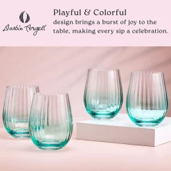 Drinking Glasses|Darbie Angell Good Day Teal Set of 4 Stemless Wine Glasses