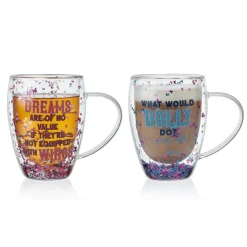 Coffee Mugs|Dolly Parton Confetti Set of 2 Double Wall Glass Mugs