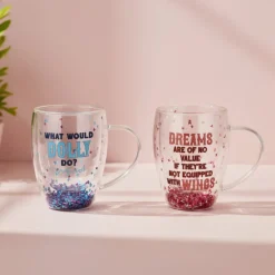 Coffee Mugs|Dolly Parton Confetti Set of 2 Double Wall Glass Mugs