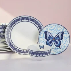 Dinnerware Service For 4|Dolly Parton Mosaic Blue Butterfly 12 Piece Dinnerware Set Service for 4
