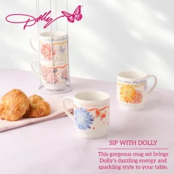 Coffee Mugs|Dolly Parton Mosaic Floral Set of 4 Mugs with Rack