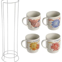 Coffee Mugs|Dolly Parton Mosaic Floral Set of 4 Mugs with Rack