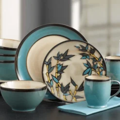 Dinnerware Service For 4|Dinnerware Service For 8|Gourmet Basics® Gourmet Basics Belmont Round Blue Stalks Dinnerware Set