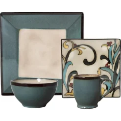 Dinnerware Service For 4|Dinnerware Service For 8|Gourmet Basics® Gourmet Basics Belmont Square Blue Leaves Dinnerware Set