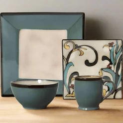 Dinnerware Service For 4|Dinnerware Service For 8|Gourmet Basics® Gourmet Basics Belmont Square Blue Leaves Dinnerware Set