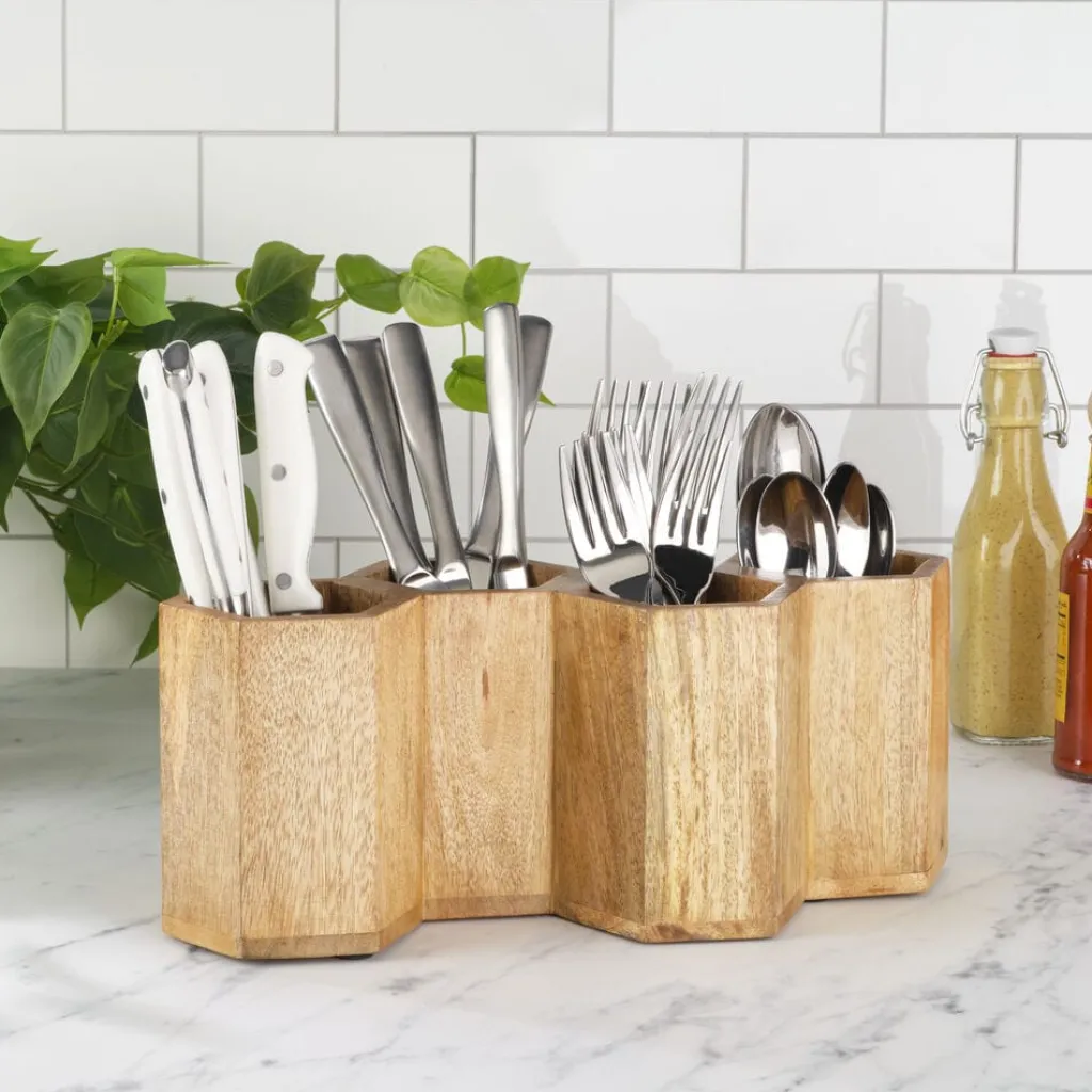 Flatware Caddies|Gourmet Basics® Hex Wood Flatware Storage Caddy