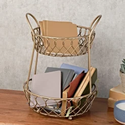 Fruit And Storage Baskets|Gourmet Basics® Lattice 2 Tier Matte Gold Countertop Basket