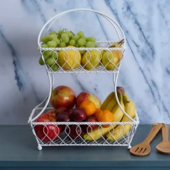 Fruit And Storage Baskets|Gourmet Basics® Loop And Lattice 2 Tier White Flatback Storage Basket
