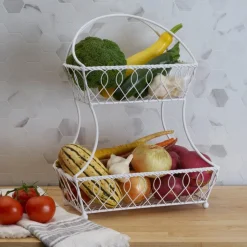 Fruit And Storage Baskets|Gourmet Basics® Loop And Lattice 2 Tier White Flatback Storage Basket