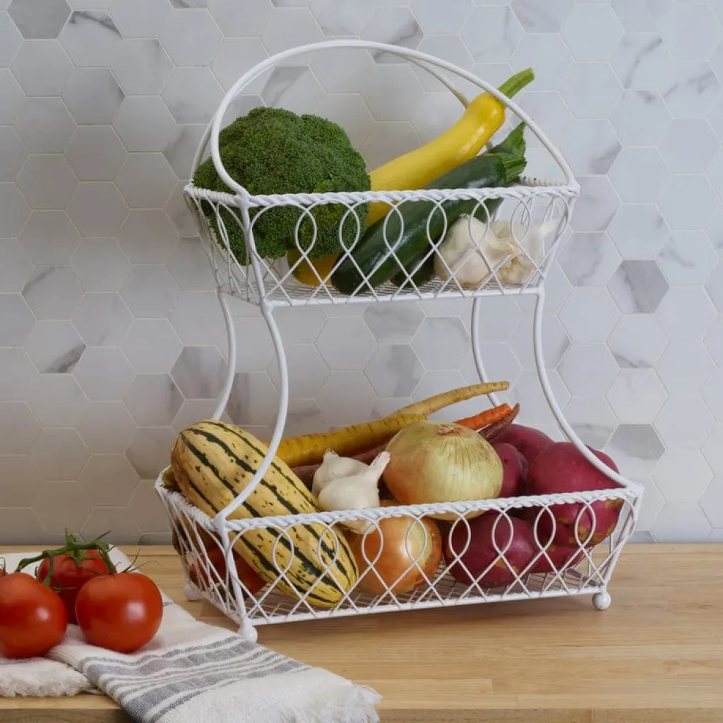 Fruit And Storage Baskets|Gourmet Basics® Loop And Lattice 2 Tier White Flatback Storage Basket