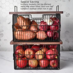 Fruit And Storage Baskets|Gourmet Basics® Madam Grid Stacking and Nesting Basket with Mango Wood Lid
