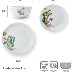 Dinnerware Service For 4|Studio Nova Underwater Life 12 Piece Dinnerware Set, Service for 4