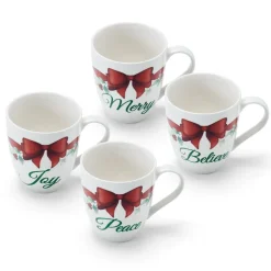 Coffee Mugs|Pfaltzgraff® Winterberry® Set of 4 Red Ribbon Sentiment Mugs